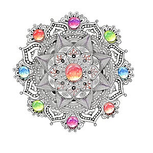 Mandala colorful watercolor with jewel stones.