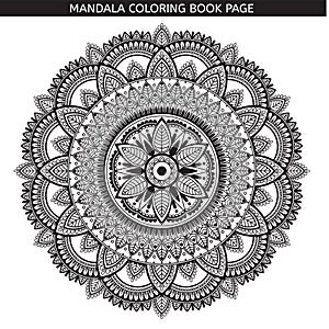 Mandala. Coloring book page. Indian antistress medallion. White background, black outline