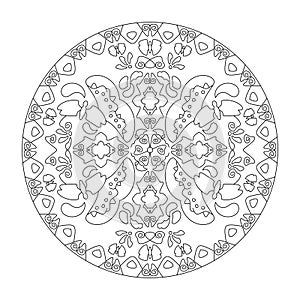 Mandala coloring page. Butterflies mandala, illustration vector black and white. Art Therapy. Decorative elements.