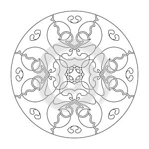 Mandala coloring page. Hearts mandala. Coloring page, illustration vector black and white. Art Therapy. Decorative elements.
