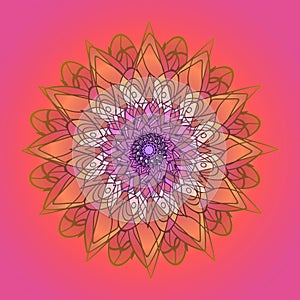 MANDALA DAHLIA FLOWER. COLORFUL DESIGN. ABSTRACT FUCHSIA BACKGROUND,CENTRAL LINEAR DESIGN IN FUCHSIA , ORANGE, WHITE AND BEIG