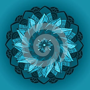 MANDALA DAHLIA FLOWER. PLAIN BLUE BACKGROUND. CENTRAL MONOTONE DESIGN IN BLUE