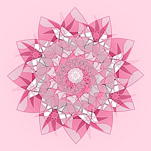 MANDALA DAHLIA FLOWER. PLAIN PINK BACKGROUND. CENTRAL LINEAR DESIGN IN PINK BURGUNDY AND WHITE