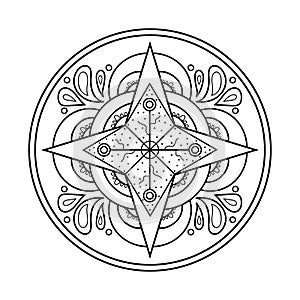 Mandala design element. Symmetric round ornament. Abstract doodle background. Coloring page. Vector illustration