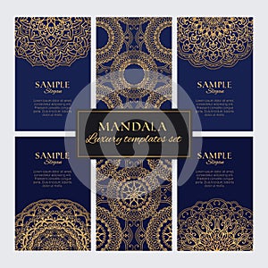 Set of luxury golden oriental ornaments, patterns and elements on blue backgrounds