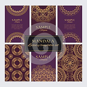 Set of luxury golden oriental ornaments, patterns and elements on purple backgrounds