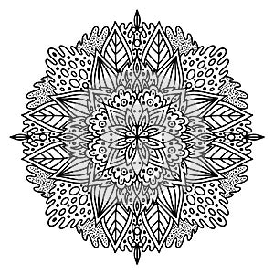 Mandala doodle coloring page. Boho meditative and relax coloring book for adults. Outline hand drawn design of symmetric