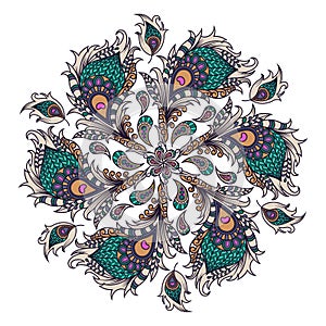 Mandala of feathers. Circular ornament from decorative peacock feathers