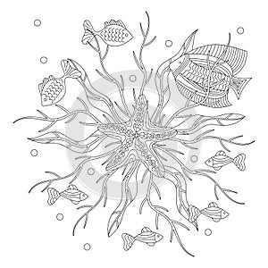 Mandala with fish and abstract sea plants. Hand drawn Coloring book for children and adults