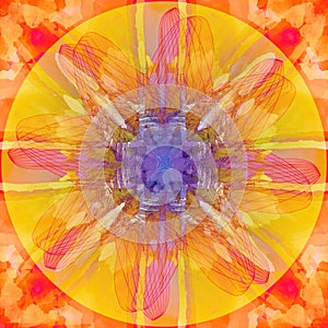 MANDALA FLOWER. ABSTRACT ORANGE BACKGROUND. CENTRAL FLOWER IN YELLOW, FUCHSIA AND PURPLE.  LINEAR CENTRAL DESIGN