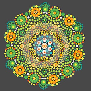 Mandala flower dot art. Orange, green and yellow dots.  Illustration.