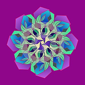 MANDALA FLOWER PETALS. PLAIN PURPLE BACKGROUND. CENTRAL FLOWER IN PURPLE, BLUE, GREEN AND IVORY COLORS