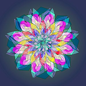 MANDALA FLOWER. PLAIN DEEP BLUE BACKGROUND. CENTRAL FLOWER IN BLUE, GREEN, AQUAMARINE, TUQUOISE, YELLOW, ORANGE AND RED photo