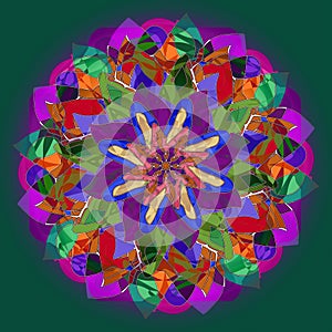 MANDALA FLOWER. TIFFANY STYLE. PLAIN GREEN BACKGROUND. COLORFUL IMAGE. CENTRAL FLOWER IN ORANGE, RED, GREEN, BLUE, PURPLE