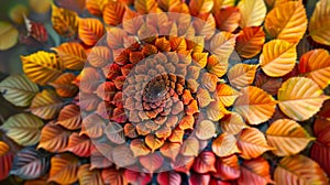 A mandala formed from a spiral of colorful autumn leaves radiating outwards with a serene and peaceful energy.