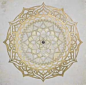 Mandala gold close up, sacred geometry, ruby crystal, handmade painted wall decoration