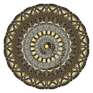 Mandala. Gold 3d celtic greek style floral mandala pattern. Luxury ornamental vector background. Intricate celtic arabeque