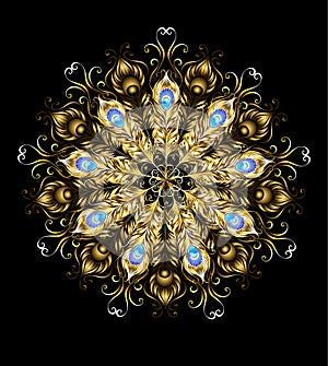 Mandala of the golden peacock feathers