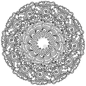 Mandala with hearts and zen swirls, anti stress coloring page for Valentine`s day