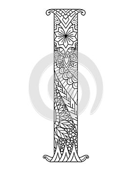 Mandala letter I monogram,  adult coloring book, engraving design.  Vector illustration
