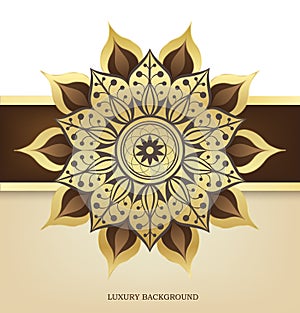 Mandala and luxury ornamental design background in brown and gold colour