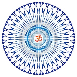 Mandala, object of rotation, spiritual symbol, with the sign om, aum in the center.