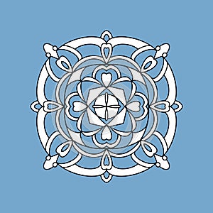 Mandala. Ornamental round doodle flower isolated on light blue background. Geometric circle element.