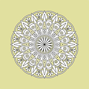 Mandala. Ornamental round doodle flower isolated on yellow background. Geometric circle element. Vector illustration.