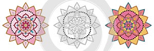 Mandala pattern in black and white and color styles. Decorative ornament in ethnic style