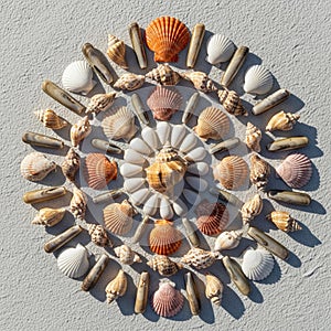 Mandala pattern created from various seashells is arranged on a