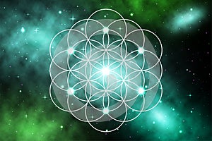 Mandala sacred geometry flower of life with galaxy background, Vector mandala Oriental pattern, Hand drawn decorative element.