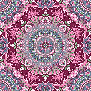 Mandala seamless pattern in pink and blue colors