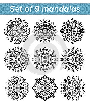 Mandala set. Indian antistress medallion. Abstract islamic flower, arabic henna design, yoga symbol