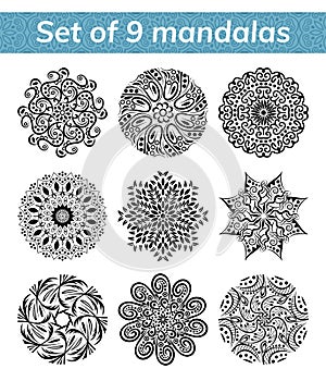 Mandala set. Indian antistress medallion. Abstract islamic flower, arabic henna design, yoga symbol