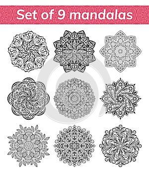 Mandala set. Indian antistress medallion. Abstract islamic flower, arabic henna design, yoga symbol