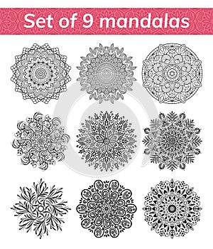 Mandala set. Indian antistress medallion. Abstract islamic flower, arabic henna design, yoga symbol