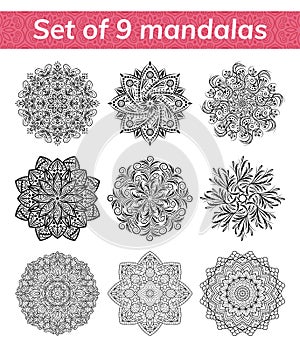 Mandala set. Indian antistress medallion. Abstract islamic flower, arabic henna design, yoga symbol