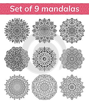 Mandala set. Indian antistress medallion. Abstract islamic flower, arabic henna design, yoga symbol