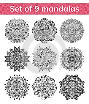 Mandala set. Indian antistress medallion. Abstract islamic flower, arabic henna design, yoga symbol