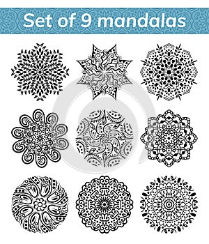 Mandala set. Indian antistress medallion. Abstract islamic flower, arabic henna design, yoga symbol