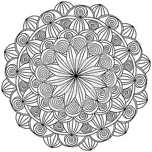 Mandala with spiral curls and a flower in the center, meditative coloring page with ornate patterns