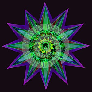 MANDALA STAR. PLAIN BLACK BACKGROUND. COLORFUL DESIGN. CENTRAL LINEAR DESIGN