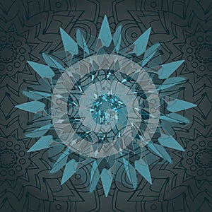 MANDALA SUN. ETNIC GRAY BACKGROUND. CENTRAL DESIGN IN LINEAR PATTERN. PALLET COLORS IN BLUE AND GRAY