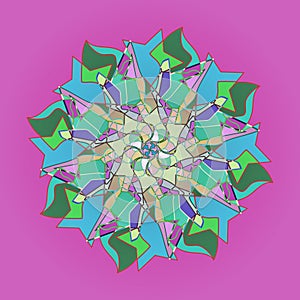 MANDALA SUNSHINE FLOWER. PLAIN PURPLE BACKGROUND. CENTRAL FLOWER IN GREEN, TURQUOISE, PURPLE AND BEIGE