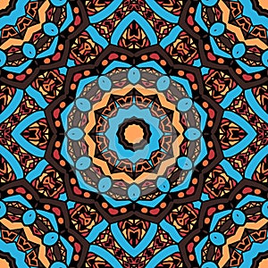 Mandala texture in bright colors. Seamless pattern on indian style. Abstract vector background