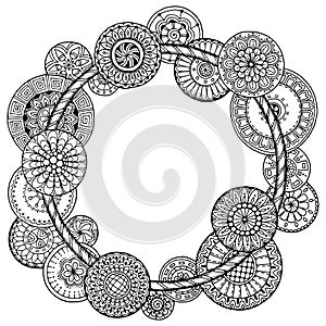 Mandala theme. Floral wreath pattern with dots, lines and flowers