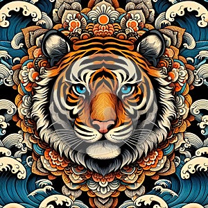 Mandala tiger head close-up, Japanese Hokusai waves, bold painting art, artistic, beautiful, animal design photo