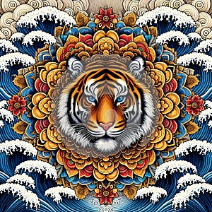 Mandala tiger surrounded by great waves, Japanese Hokusai style, bold painting art, artistic, beautiful, animal