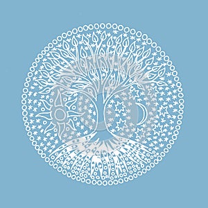 Mandala Tree of Life. Symbolic tree on blue background.