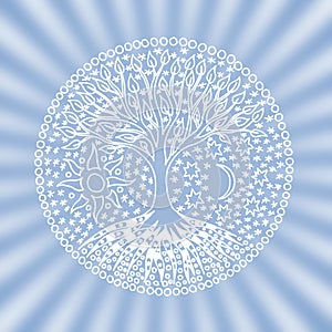 Mandala Tree of Life. Symbolic tree on blue background and rays.